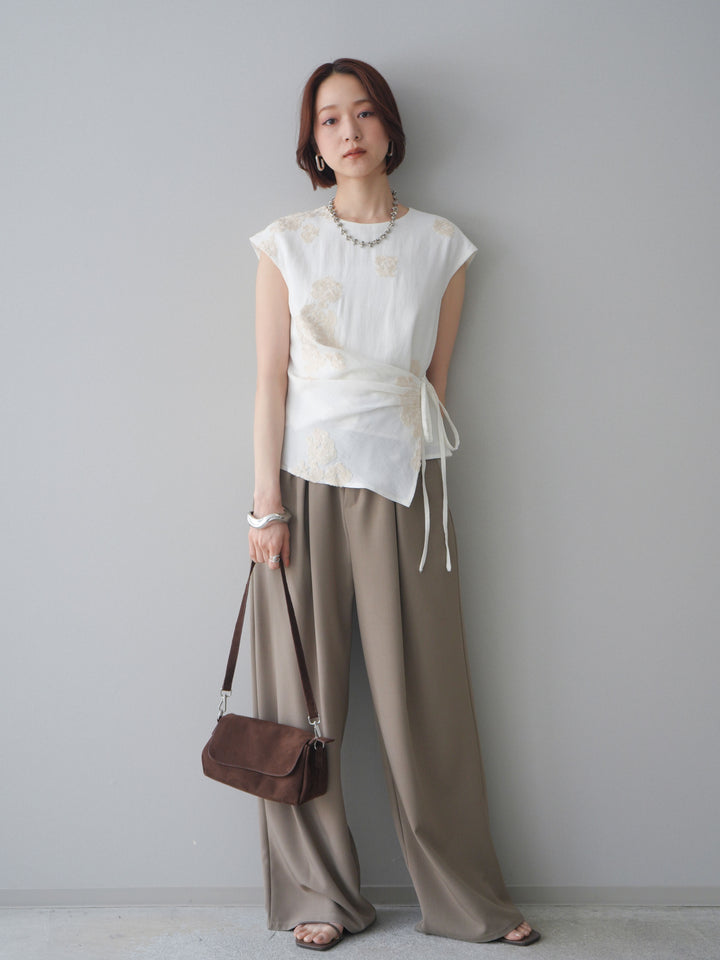[SET]リネンタッチフラワージャガードトップス+ベルト付キーホルダーモチーフワイドパンツ(2set)