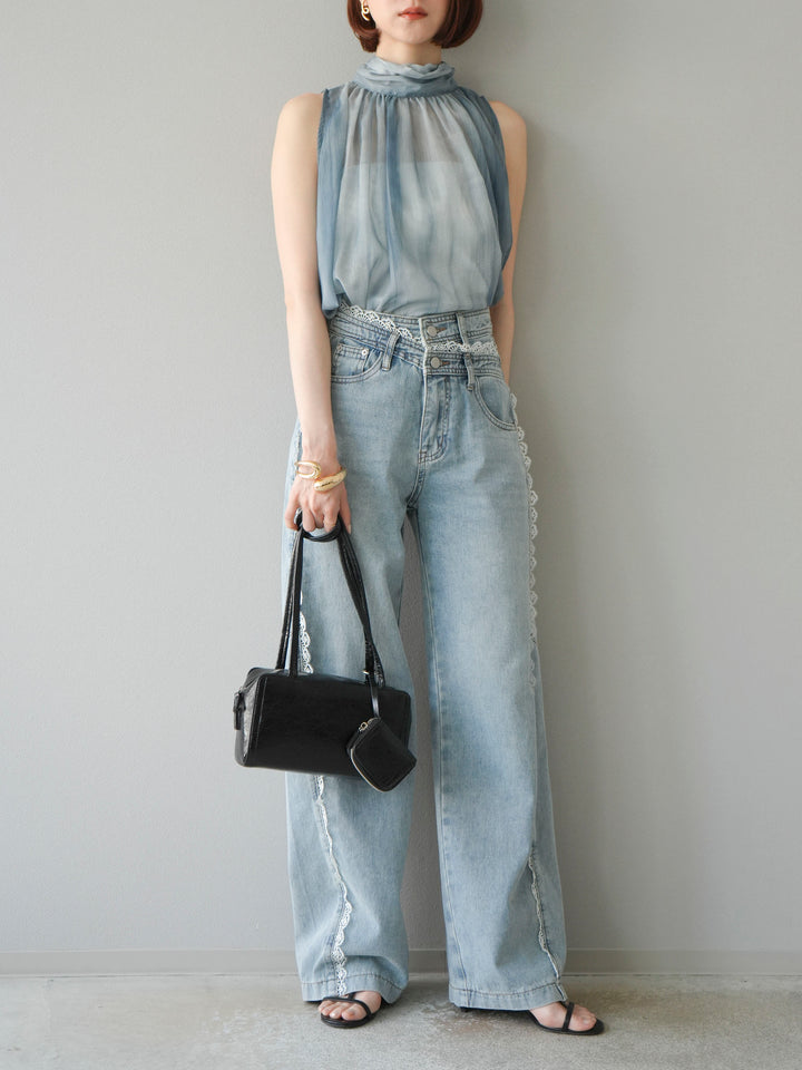 【預購】Line蕾絲牛仔褲/淺藍