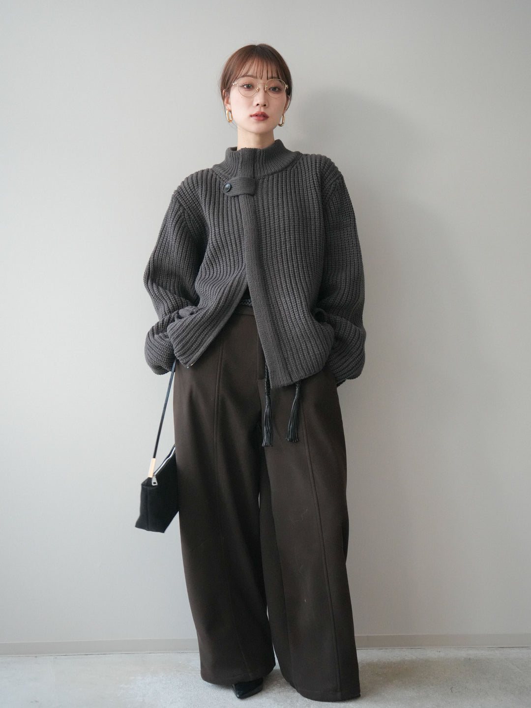 [SET]畦編みボトルネックZIPニットカーディガン+選べるアクセセット(2set)