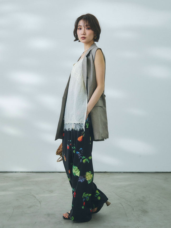 【魅力】[套裝] 混色中長款修身馬甲 + 植物印花休閒褲（兩件套）