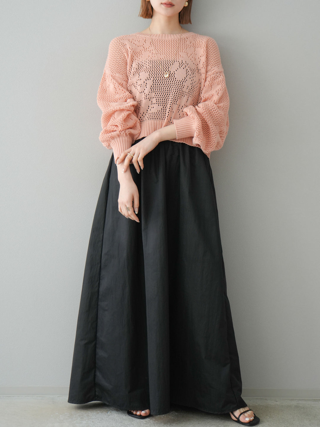 SET]透かし編みニットプルオーバー+ニット×タフタベアワンピース(2set  