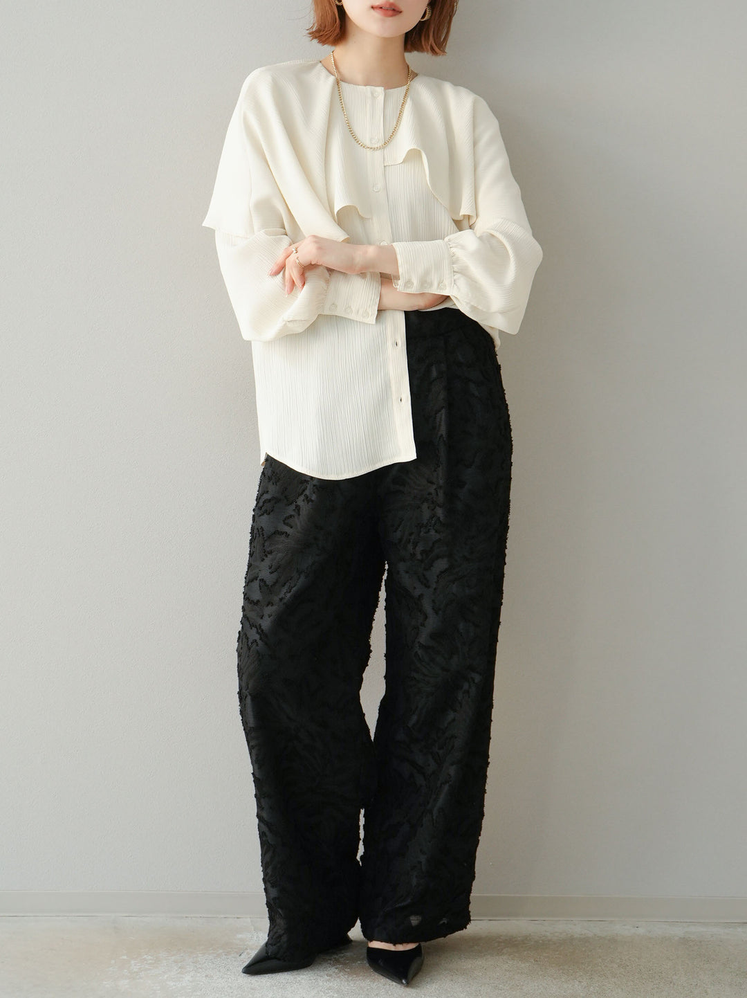【預購】透視提花褶皺寬褲/黑