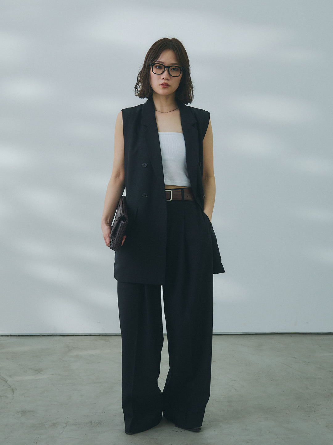 【Allure】[SET]杢調ミディ丈テーラードジレ+杢調ライトストレートパンツ(2set)