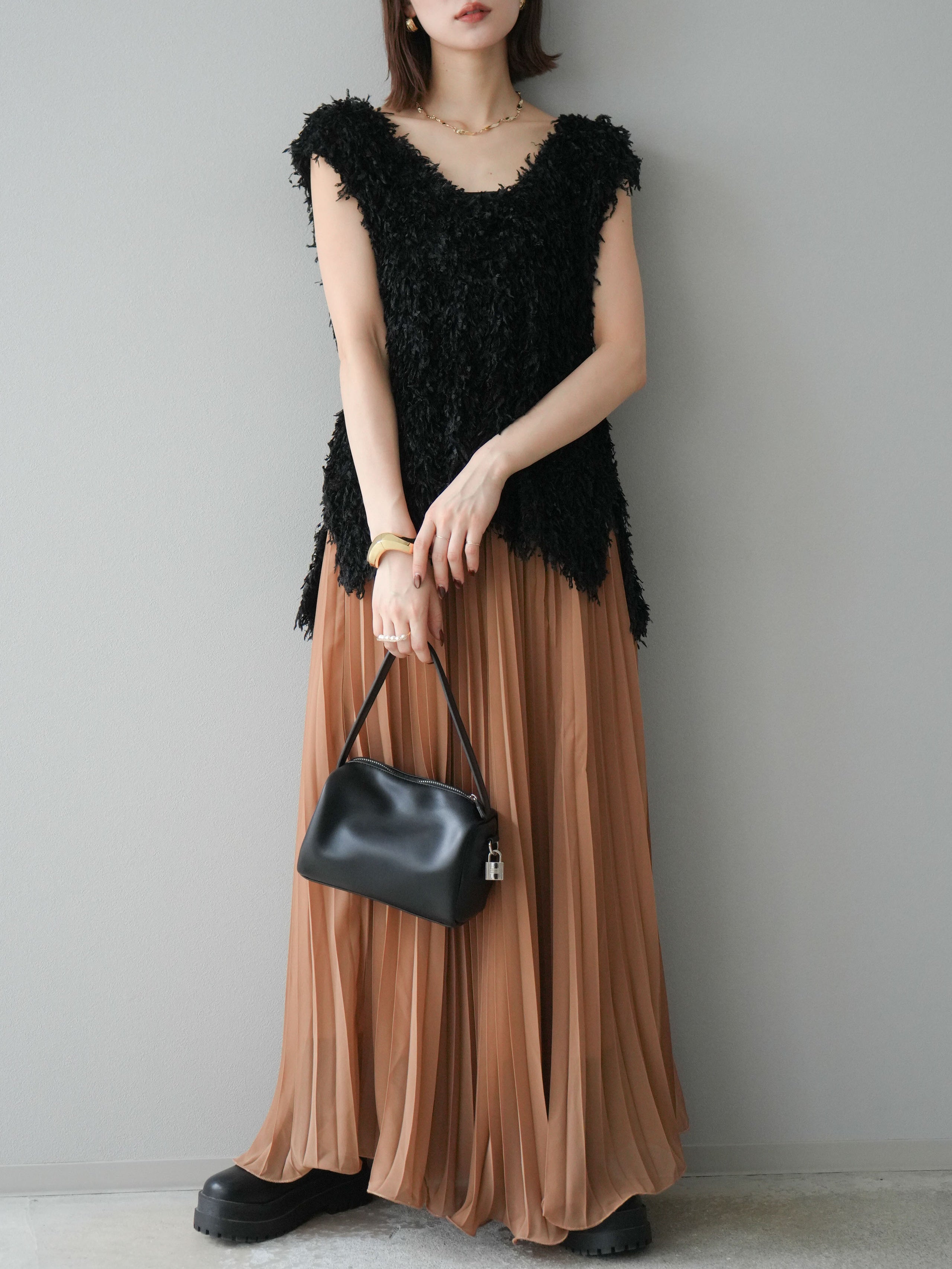 予約]シフォンプリーツパイピングスカート/キャメル – Lumier