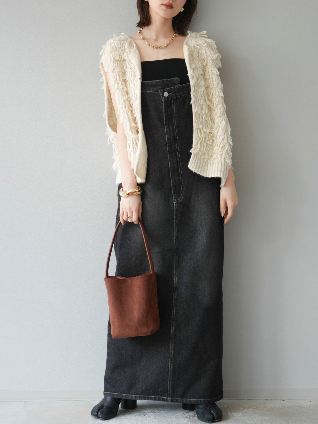 [SET]ループデザインベスト+アシンメトリーデニムワンピース(2set)