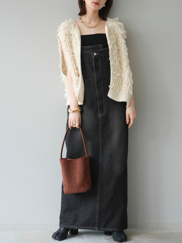 [SET]ループデザインベスト+アシンメトリーデニムワンピース(2set)