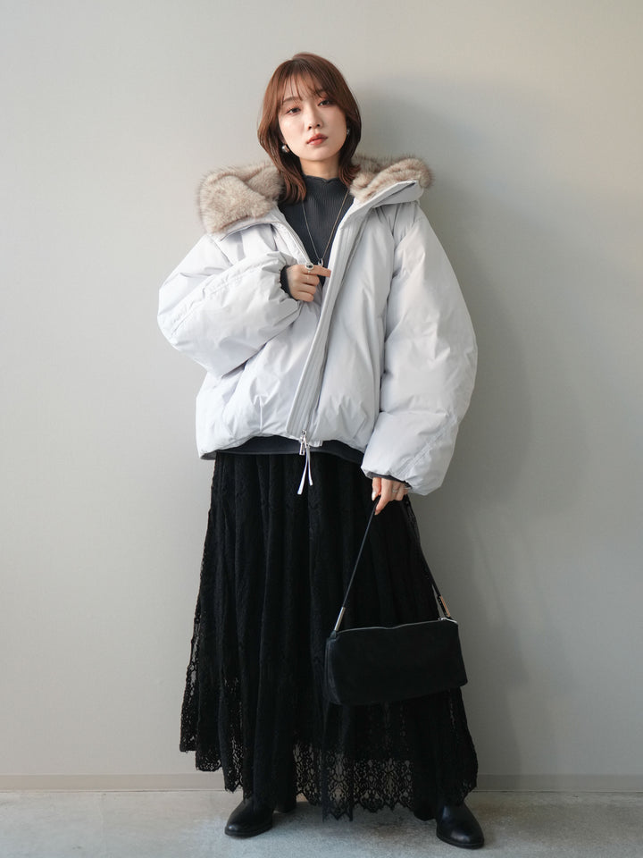 [予約]フードファーショートダウンコート/lightgray