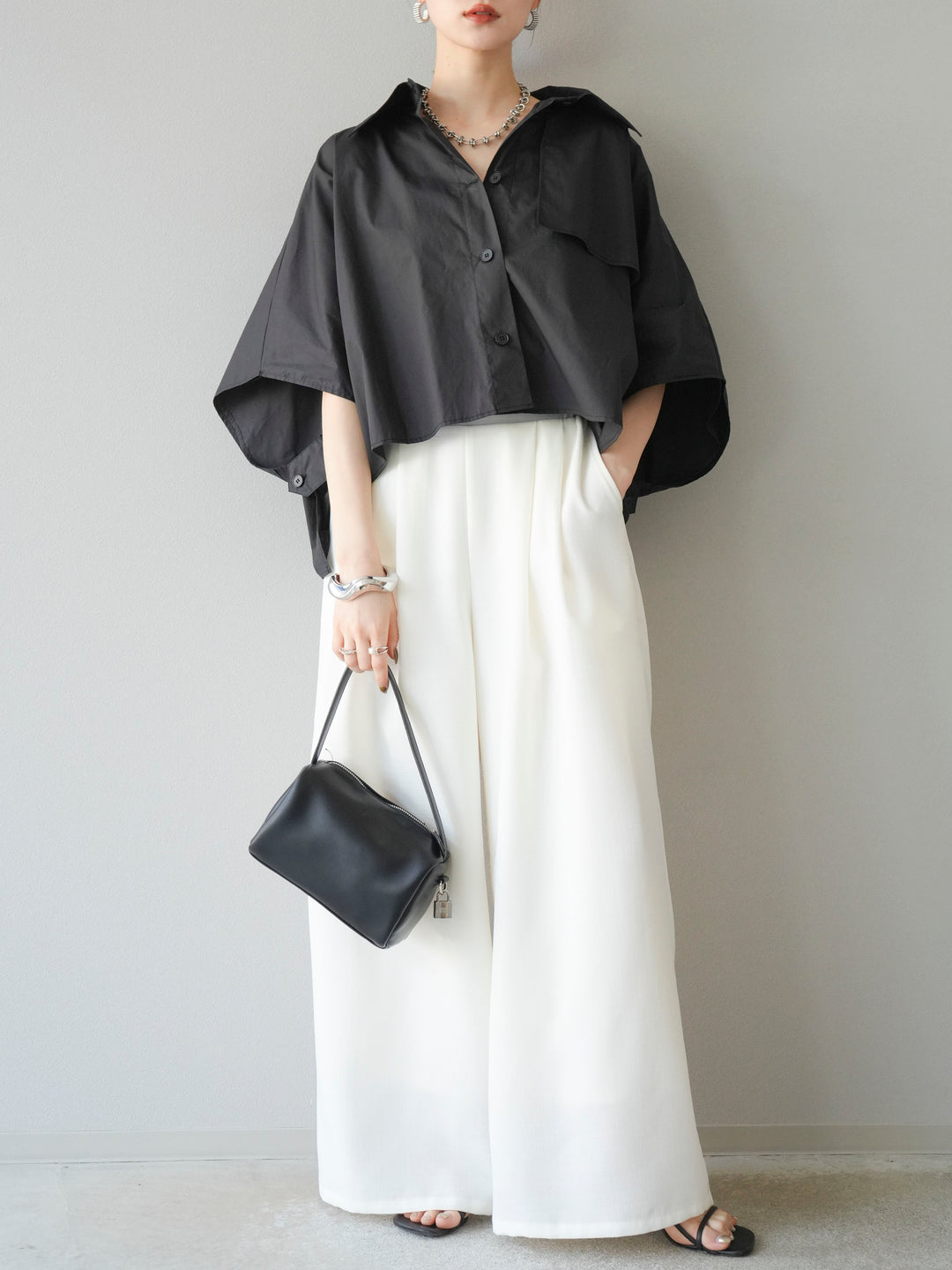 [SET]ポンチョショートシャツ+リネンライクイージーワイドパンツ(2set)