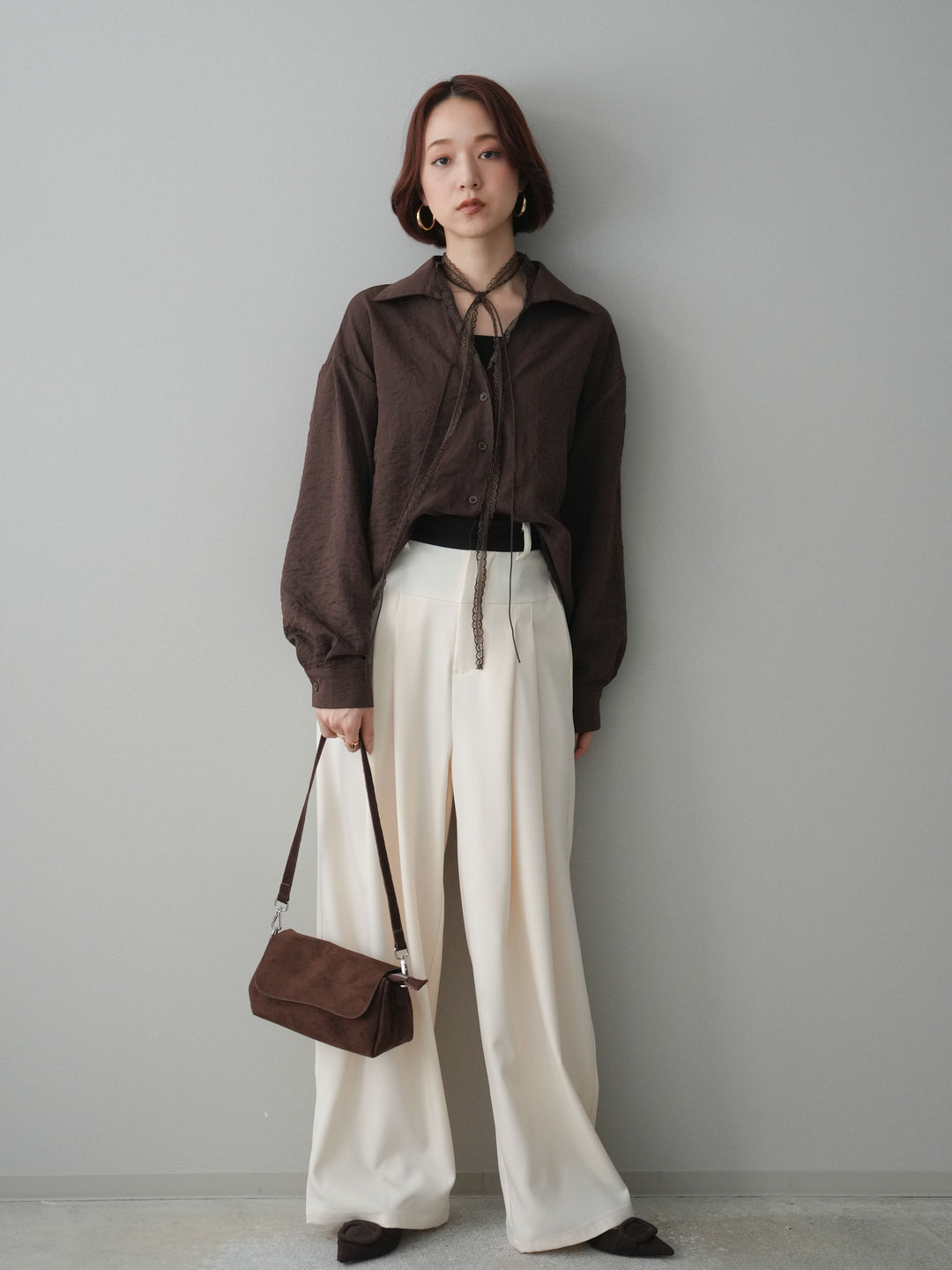 [予約]ウエストバイカラータックワイドパンツ/ivory