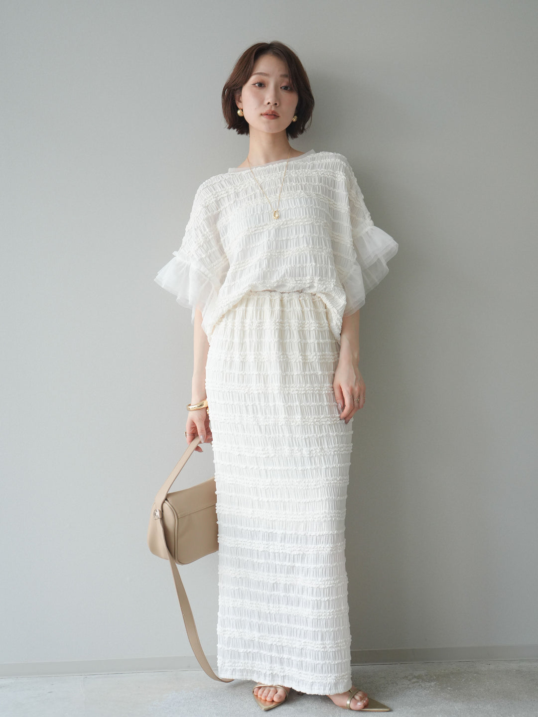 [SET]チュール袖リップルトップス+リップルIラインスカート(2set)