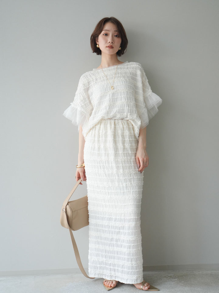 [SET]チュール袖リップルトップス+リップルIラインスカート(2set)