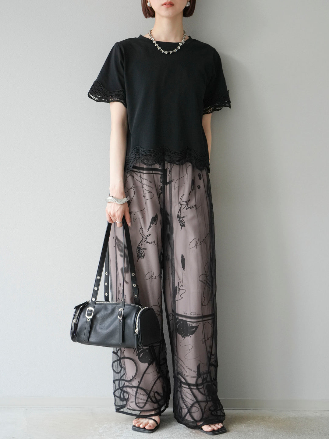 [SET]レース切替カットソー+コード刺繍チュールレイヤードパンツ(2set)