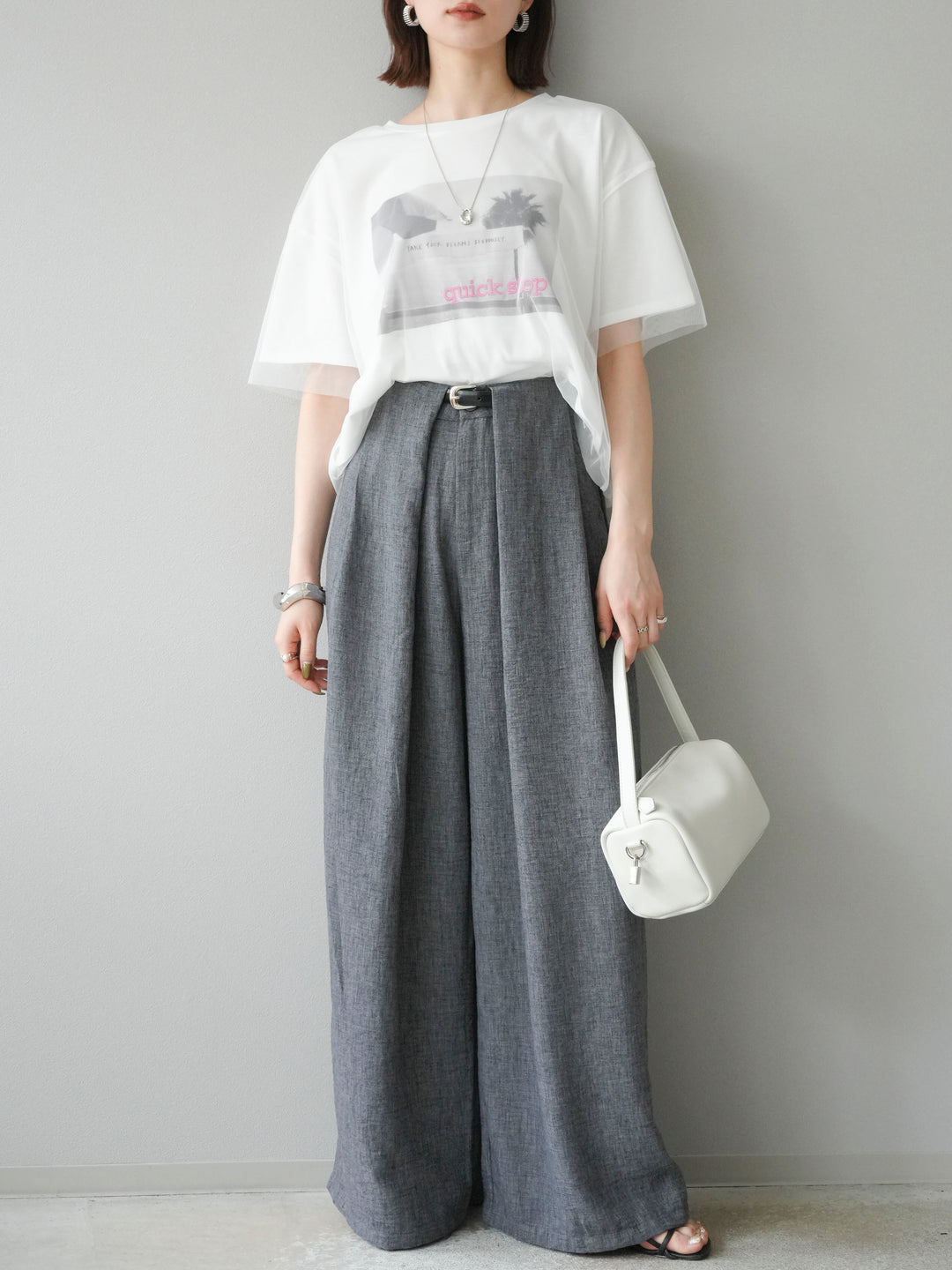 [予約]リネンライクベルト付タックループワイドパンツ/ブラック