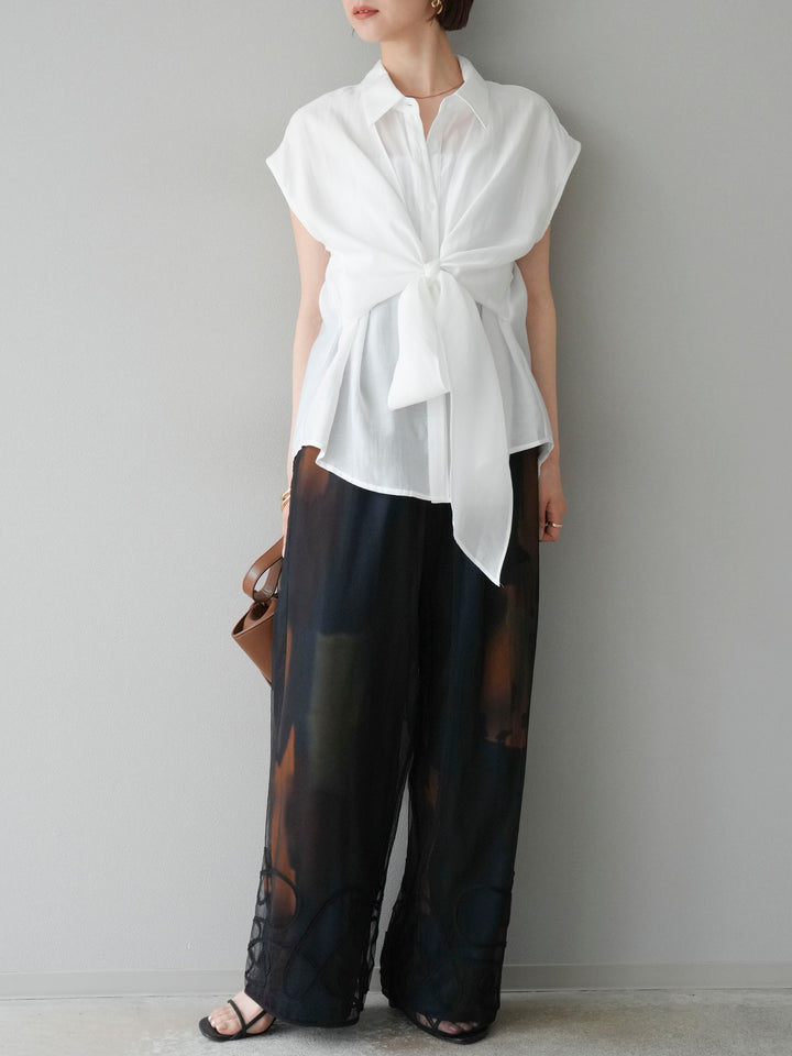 [SET] 前繫帶透視上衣 + 水彩藝術休閒褲 + 繩繡薄紗疊穿褲 (3 件套)