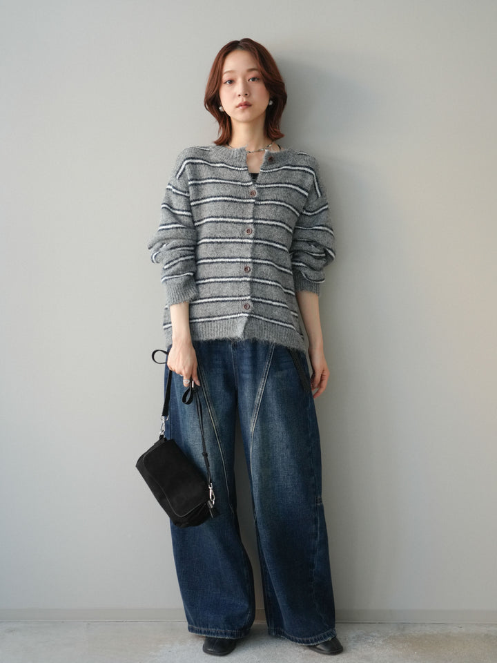 [予約]ボーダーシャギーニットカーディガン/gray