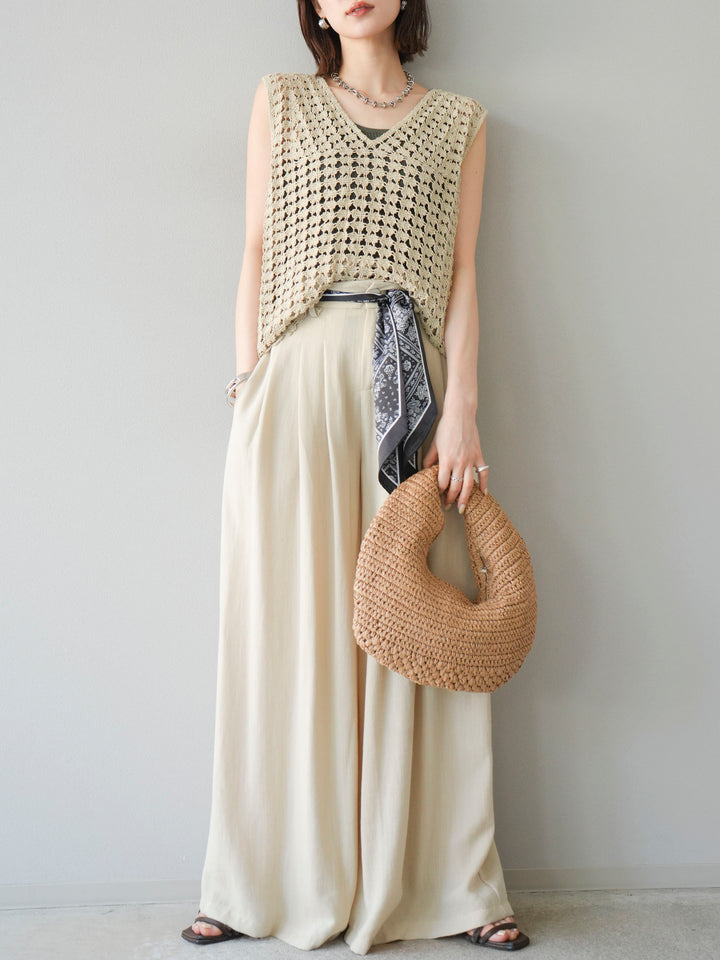 [予約]スカーフベルト付3タックワイドパンツ/ベージュ