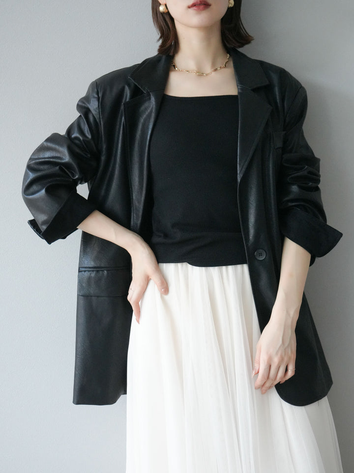 [予約]フェイクレザーテーラードジャケット/ブラック