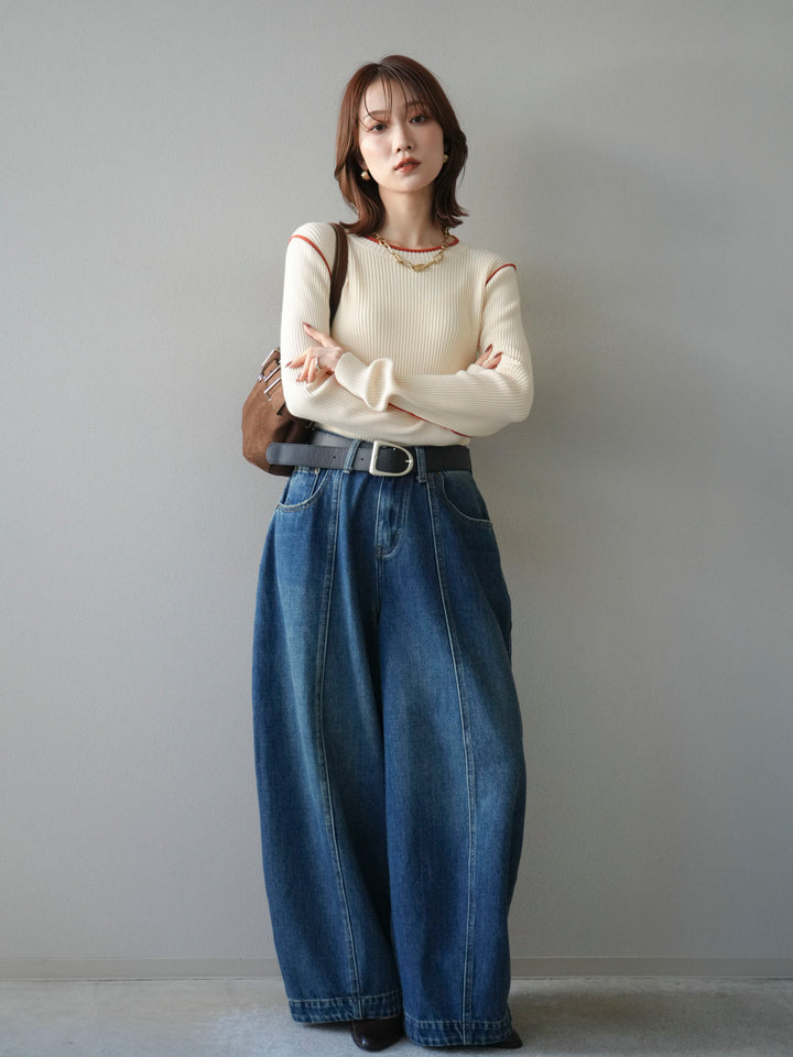 [予約]バイカラークルーネックリブニットトップス/ivory