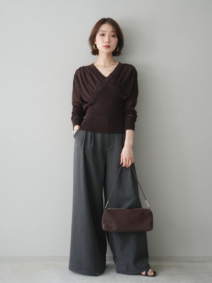 [予約]サイドギャザーVネックニットプルオーバー/brown