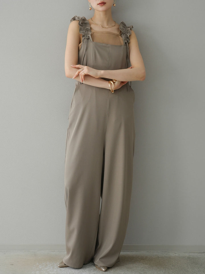 [預訂] 繫帶荷葉邊連身衣/灰褐色