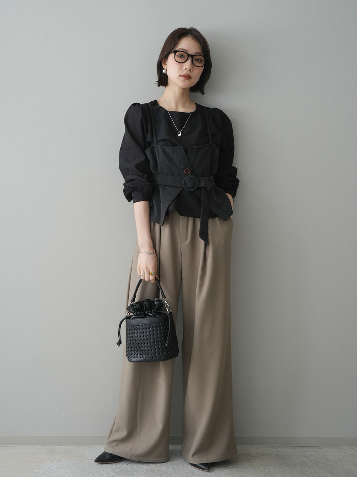 [SET]異素材ビスチェドッキングブラウス+ベルト付キーホルダーモチーフワイドパンツ(2set)