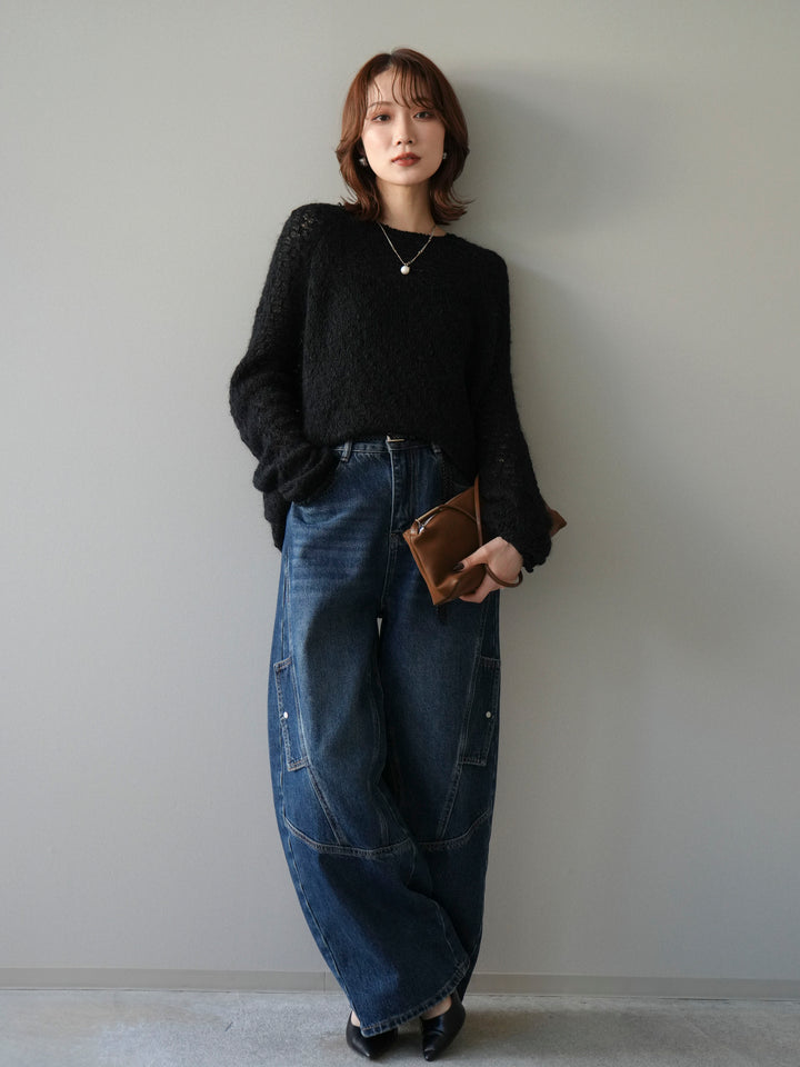 [予約]透かし編みモヘアタッチポコポコニットプルオーバー/black