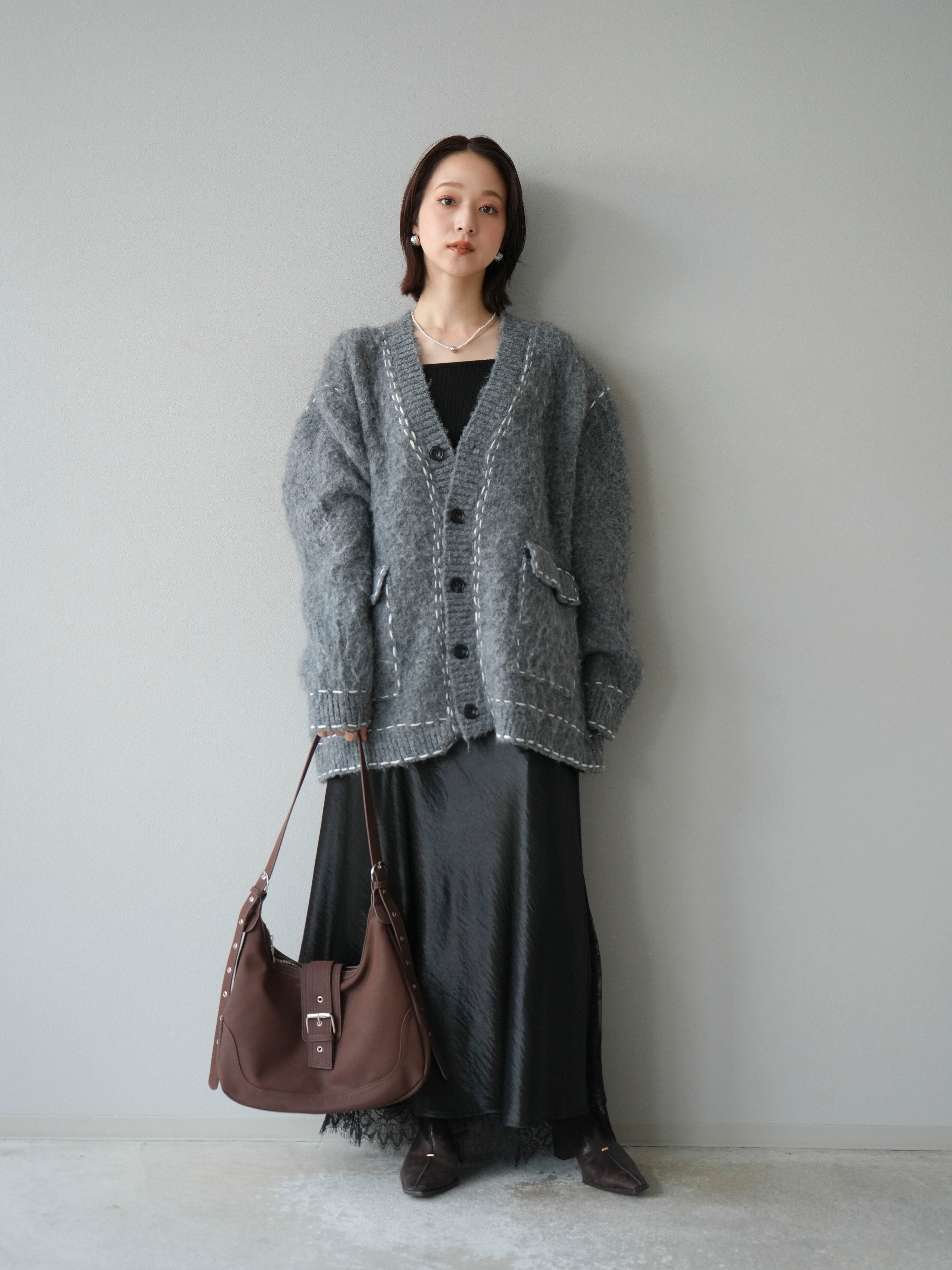 SET]ステッチVネックニットカーディガン+裾レースサテンナロー