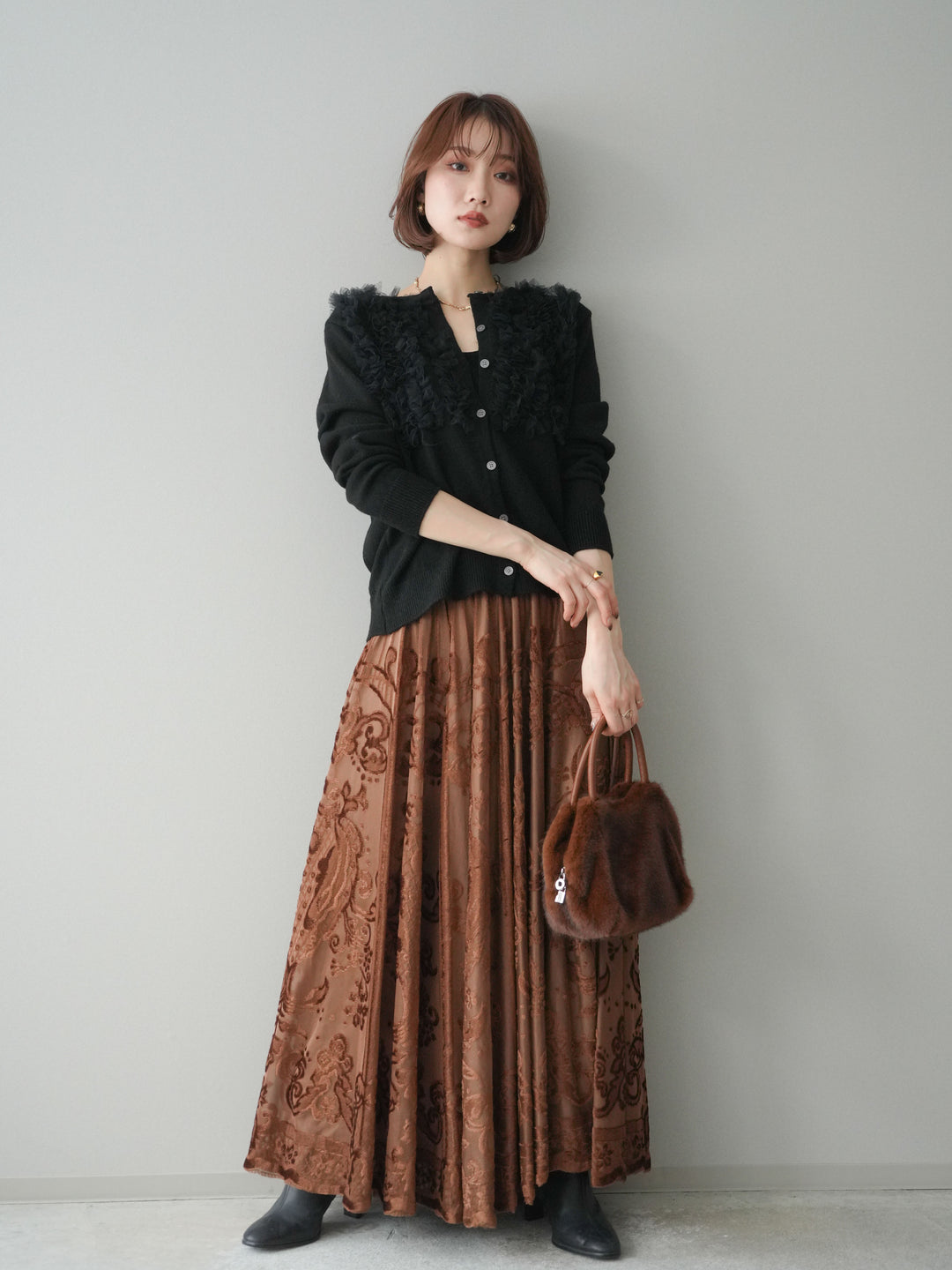 [SET]チュールフリルニットカーディガン+アンティーク柄フロッキーマキシスカート(2set)