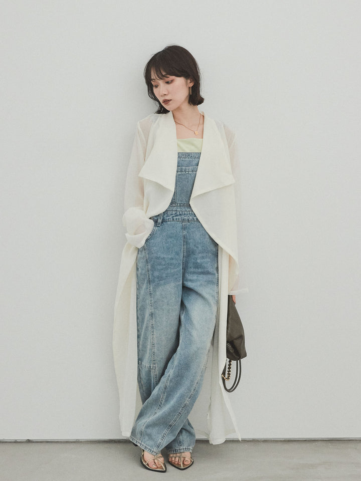 [SET] 中縫牛仔背帶褲 + 透視長版外套（2 件組）