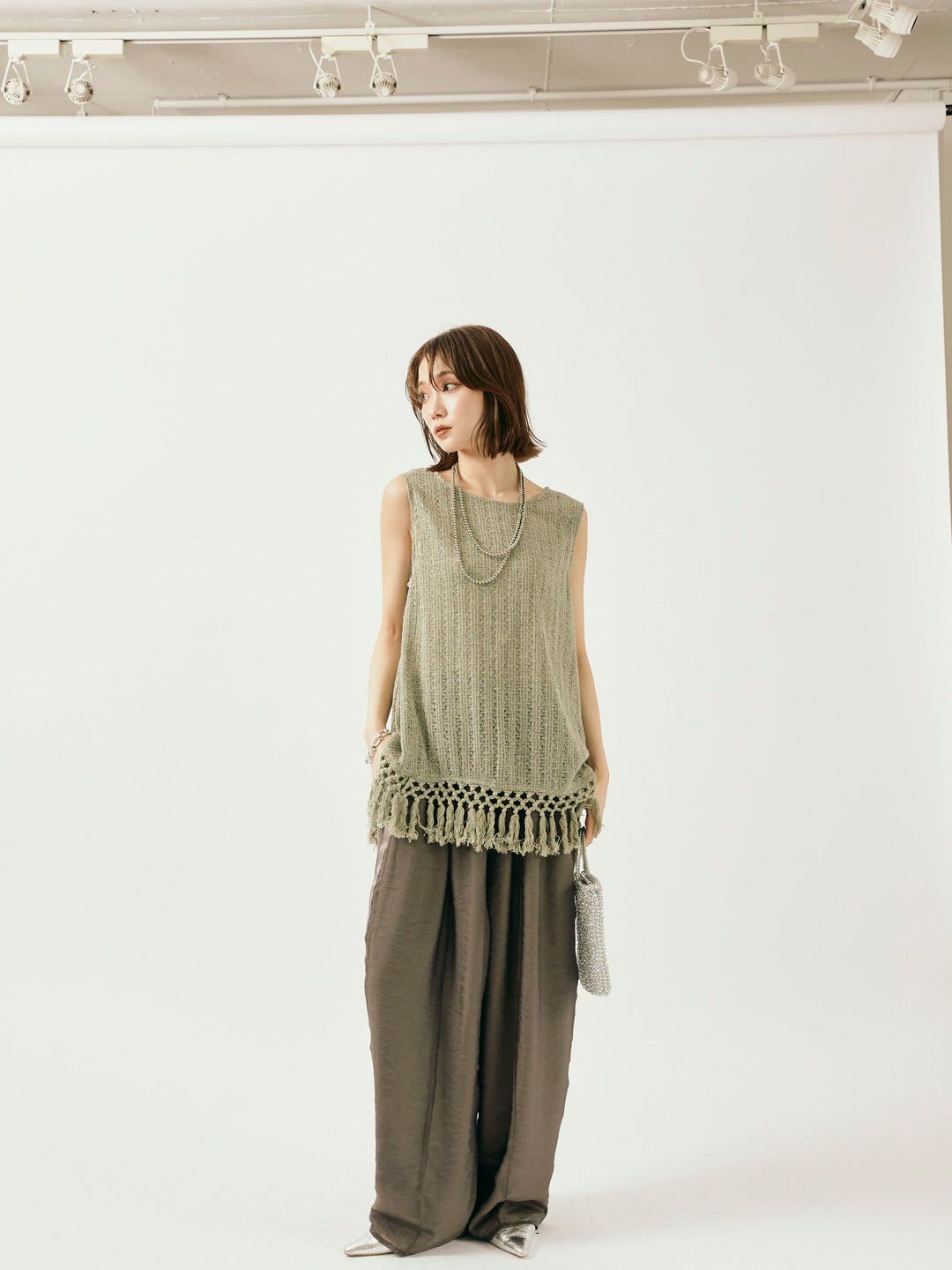 [予約]フリンジ透かし編みニットベスト/カーキ