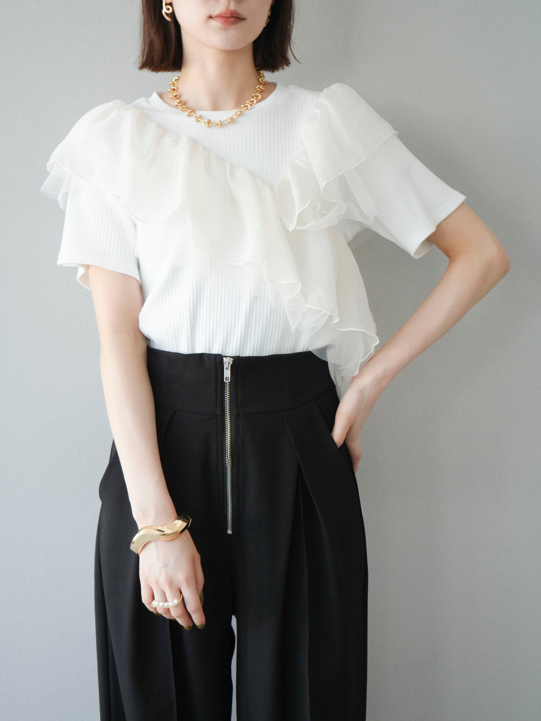 [予約]アシメフリルドッキングカットソー/オフホワイト