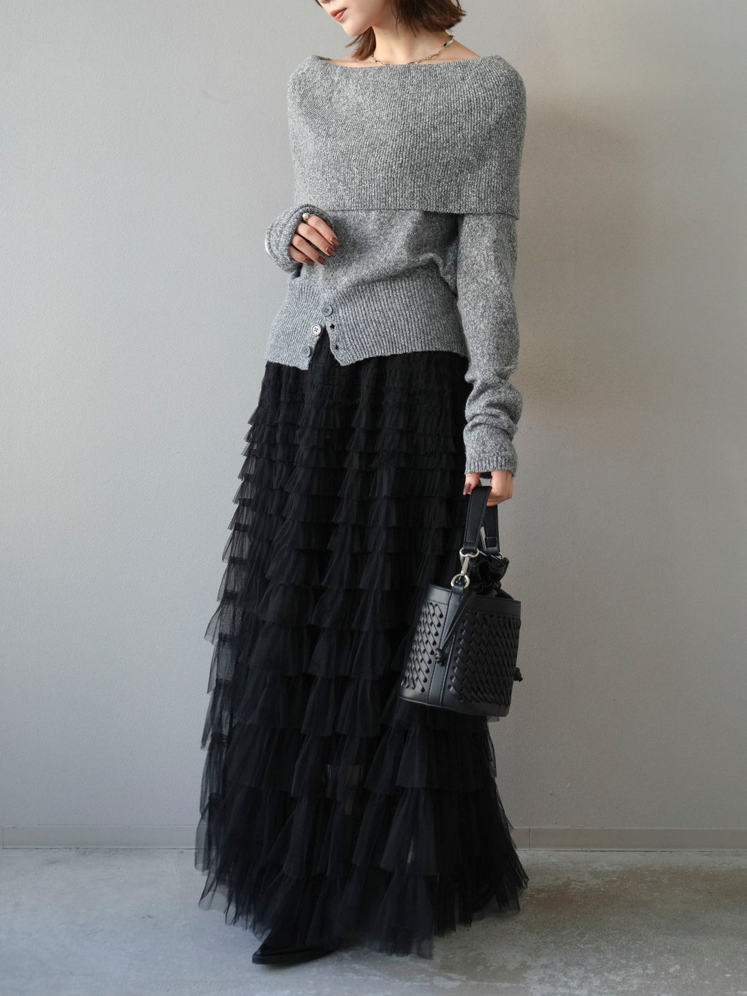 [予約]ミックスヤーンオフショルニットプルオーバー/グレー