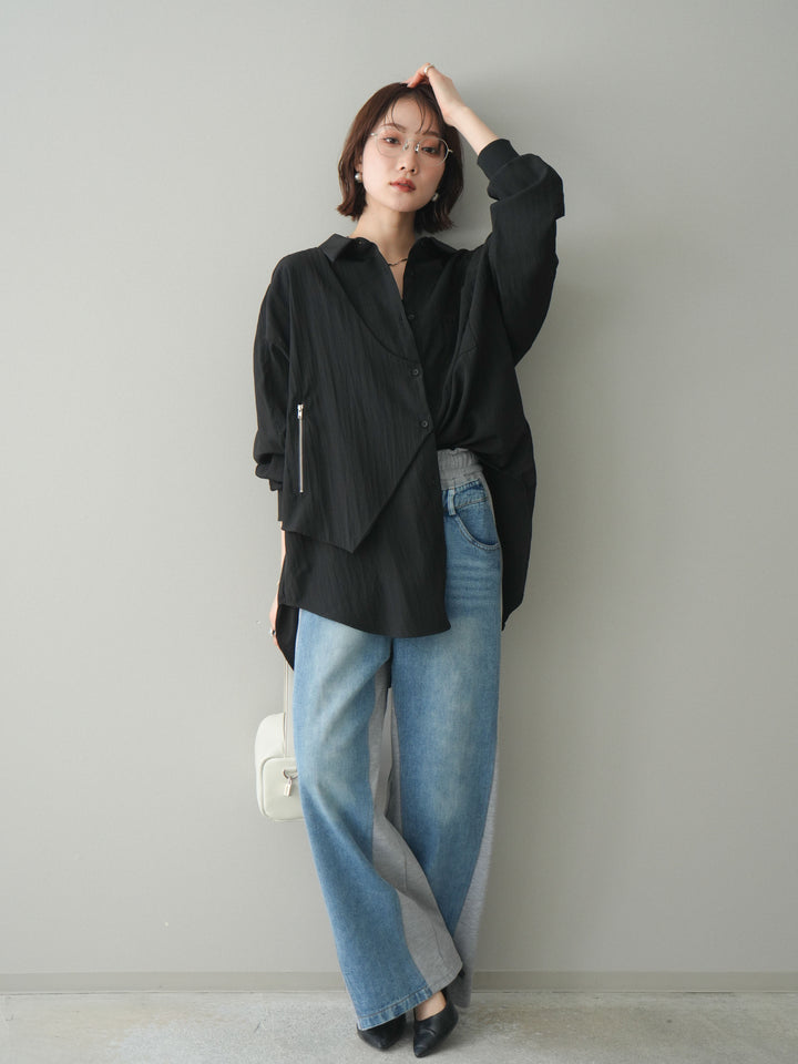 [予約]リブカフスアシンメトリーZIPデザインオーバーシャツ/black