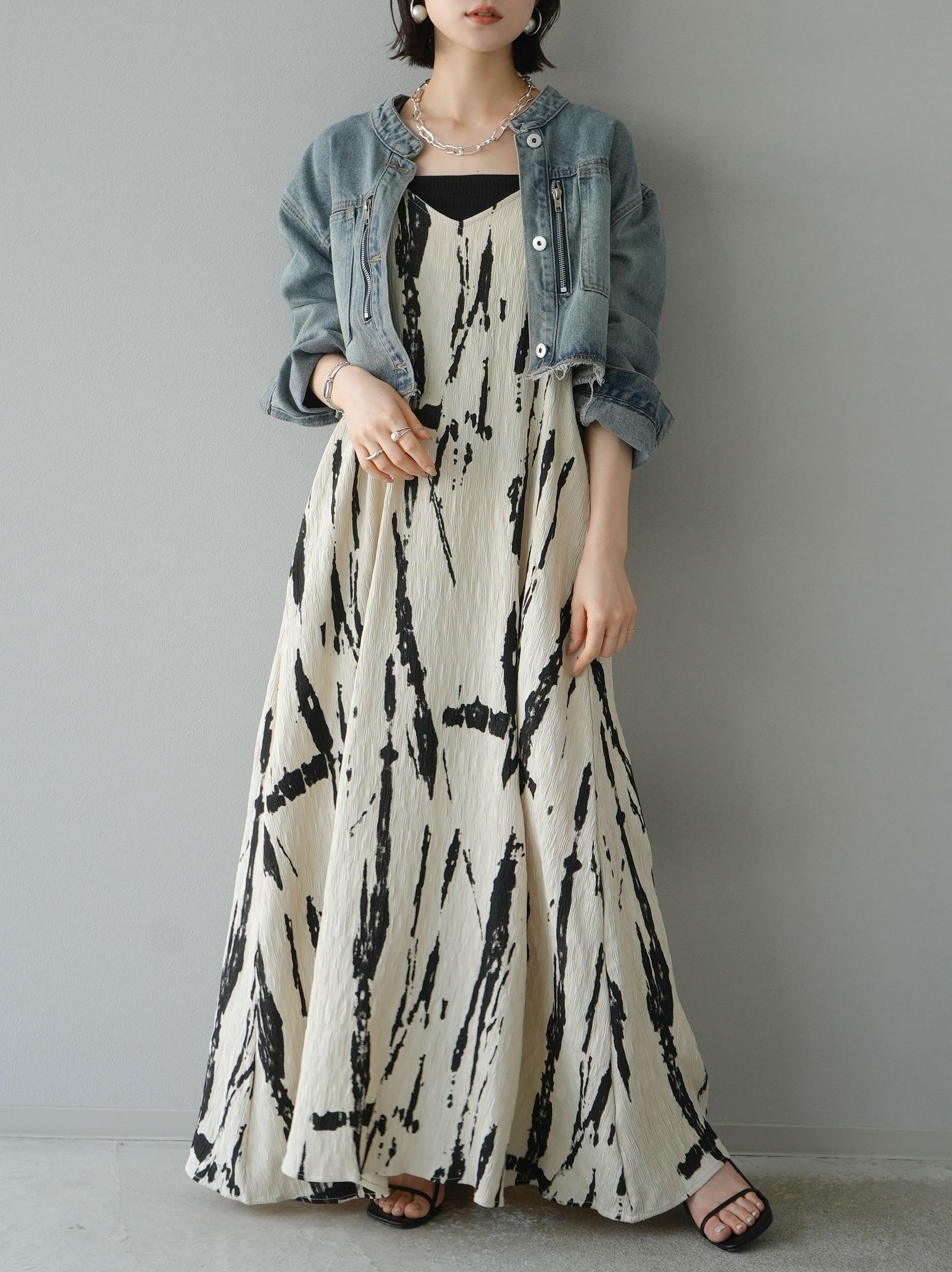 SET]楊柳ニュアンス柄キャミワンピース+ノーカラージップデザイン