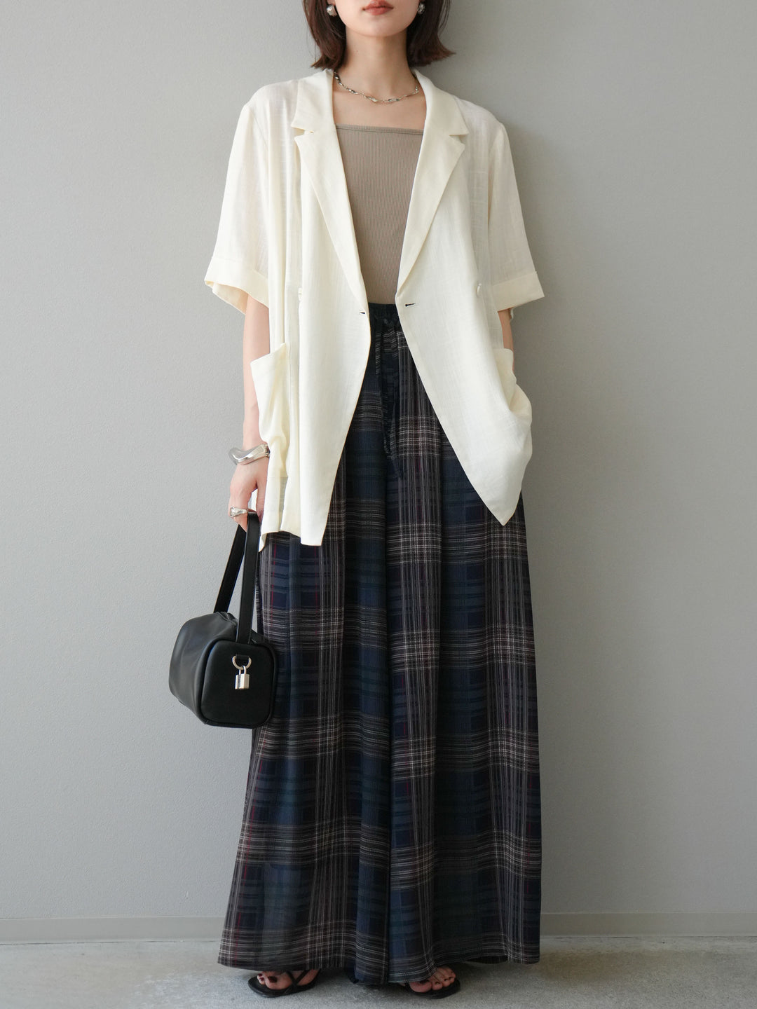 [預購] 透視格紋寬鬆褲/藏青色