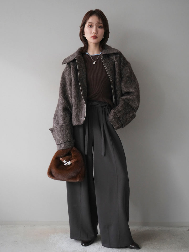 [予約]袖ビックループシャギージップブルゾン/brown