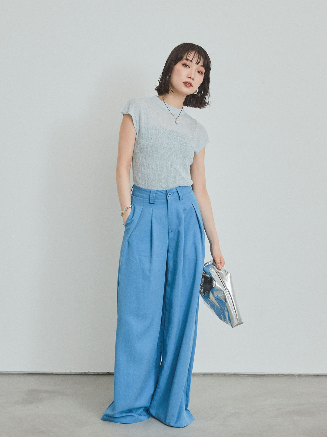[SET] 法式袖透視針織上衣 + 亞麻觸感褶皺寬褲 (2set)