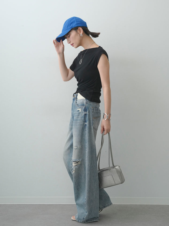 [SET]アシメギャザーカットソー+ダメージデニムセミワイドパンツ(2set)