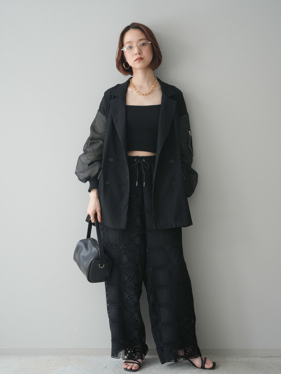 [SET]MA-1ドッキングデザインジャケット+カップ付テレコリブベアキャミソール+パネルレースイージーパンツ(3set)