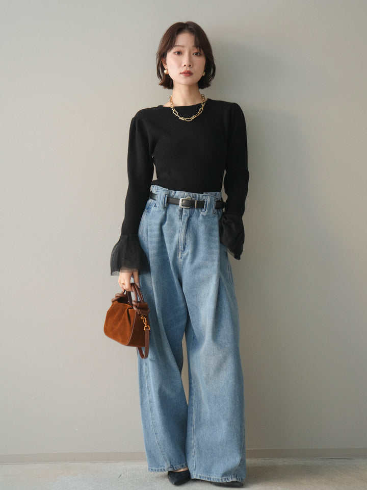 [SET]袖チュールパワショルリブニットトップス+ハイウエストベルトループデザインデニムパンツ(2set)