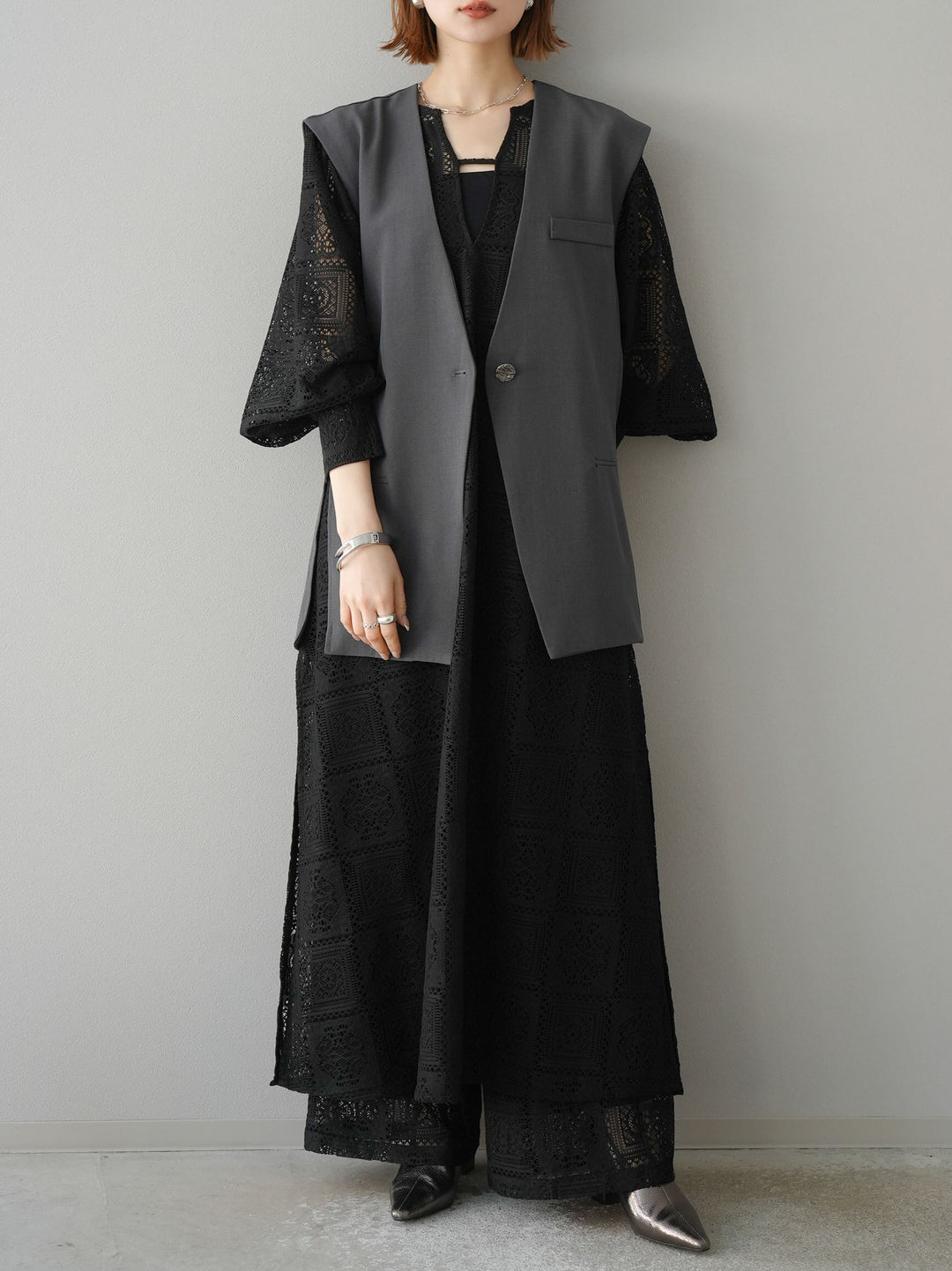 [予約]ブロックレースワイドパンツ/ブラック