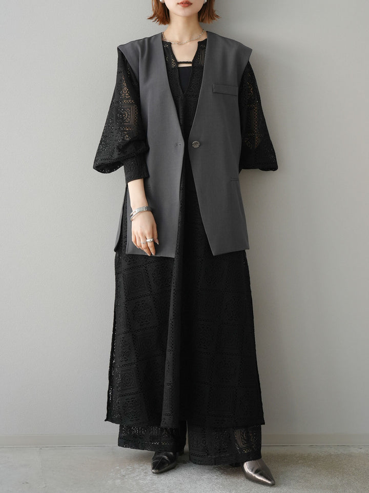 [予約]ブロックレースワイドパンツ/ブラック