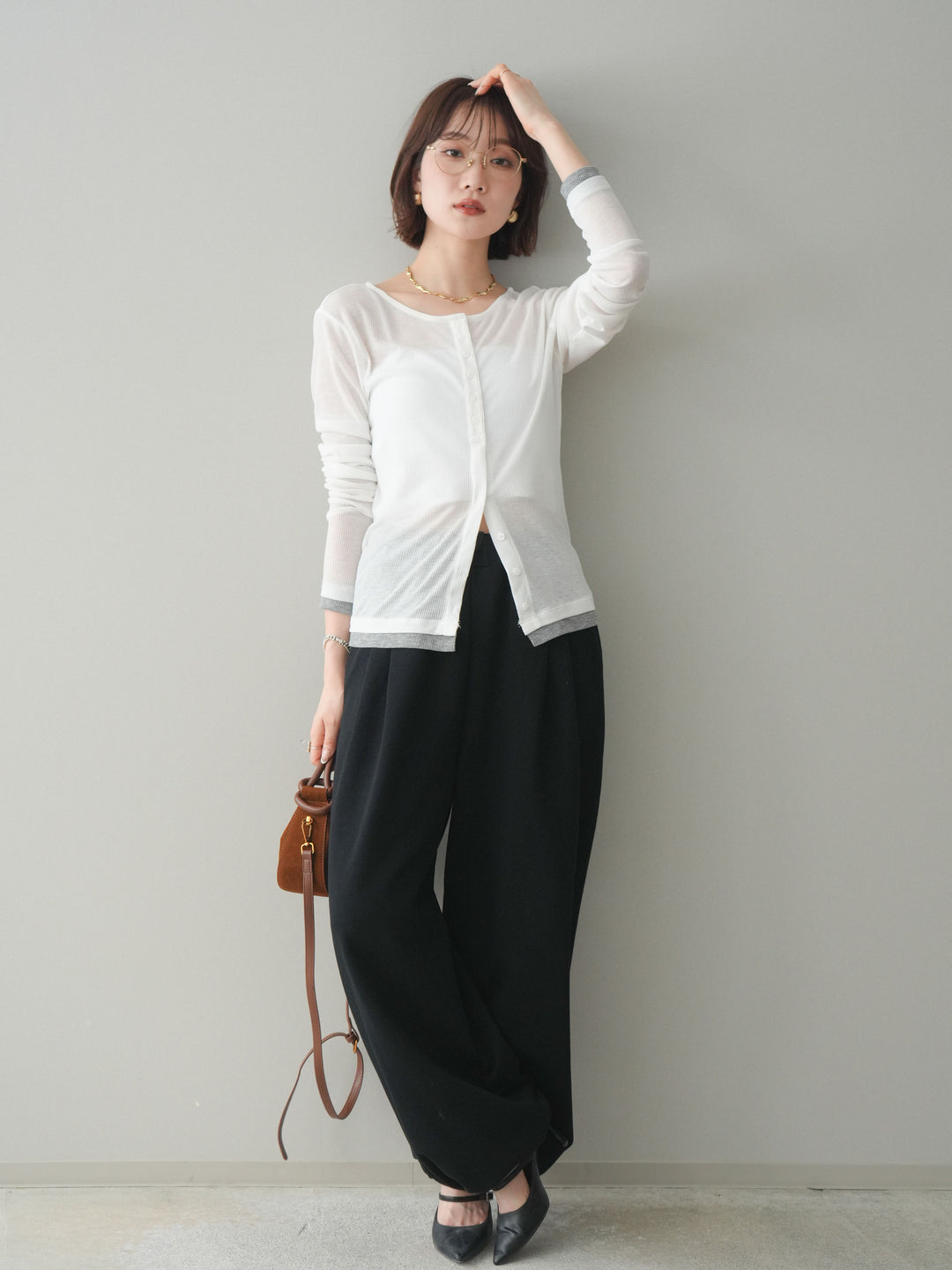 [予約]シアーリブバイカラーカーディガン/white