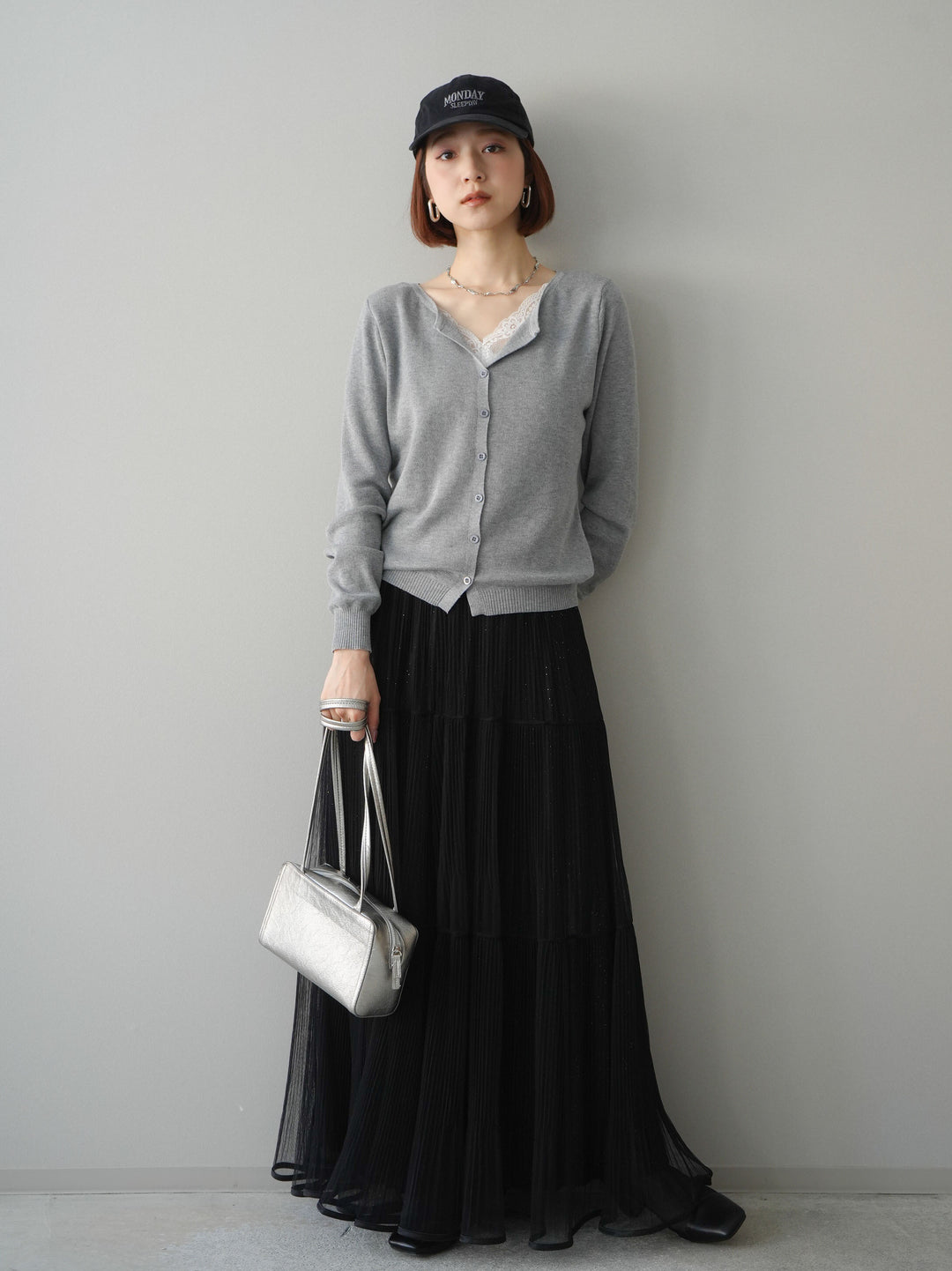 [予約]レースレイヤードニットカーディガン/gray