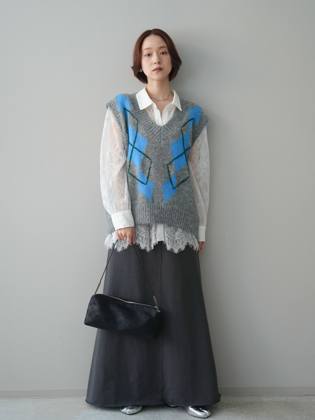 [SET]アーガイルVネックニットベスト+選べるアクセセット(2set)
