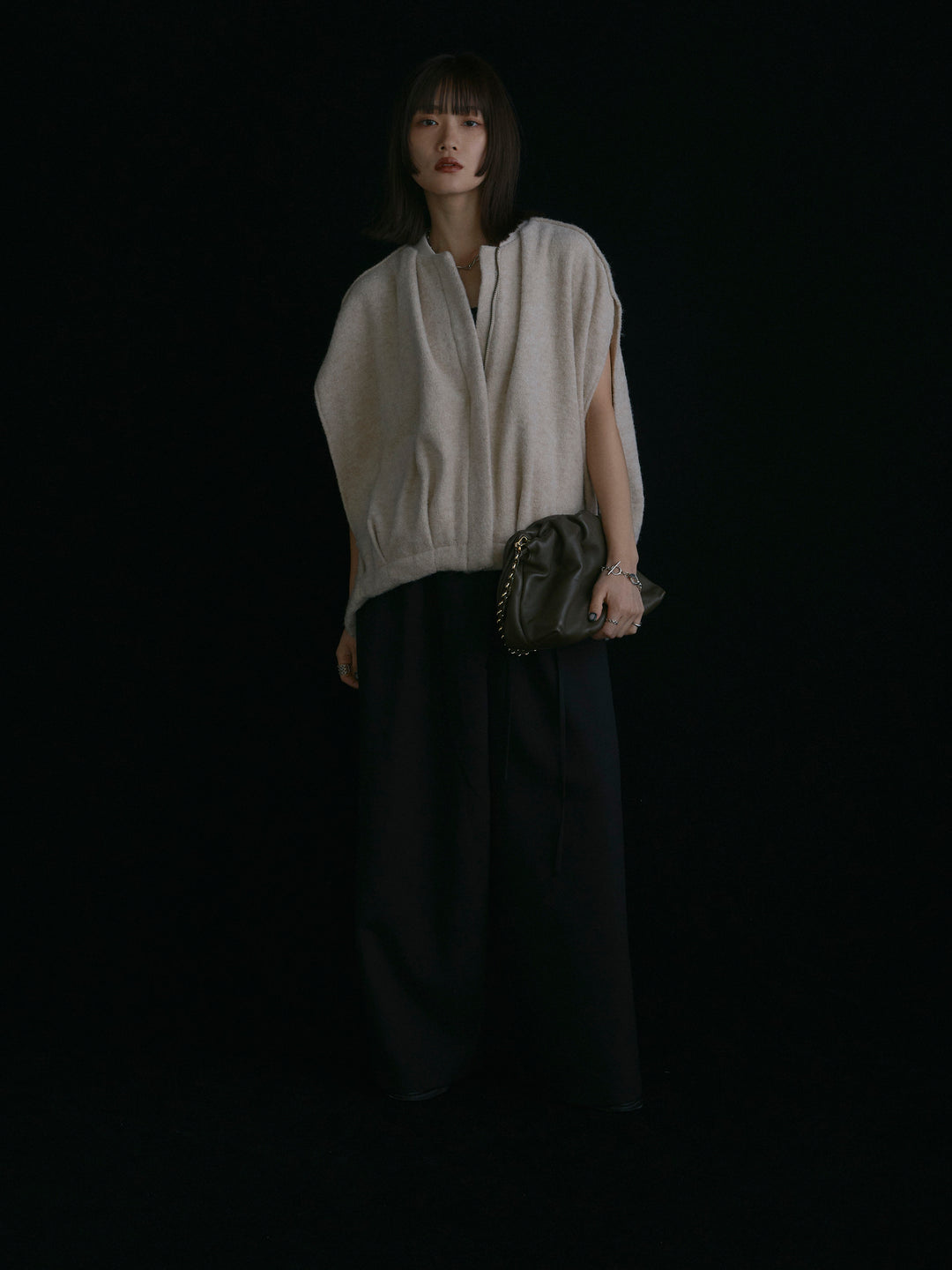 【Allure】[SET]ウール混コクーンブルゾン+ラップデザインタックワイドパンツ(2set)