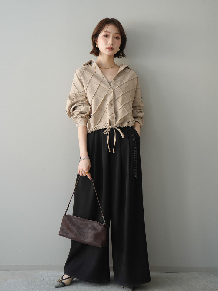 [予約]編み込みベルト付タックワイドパンツ/black