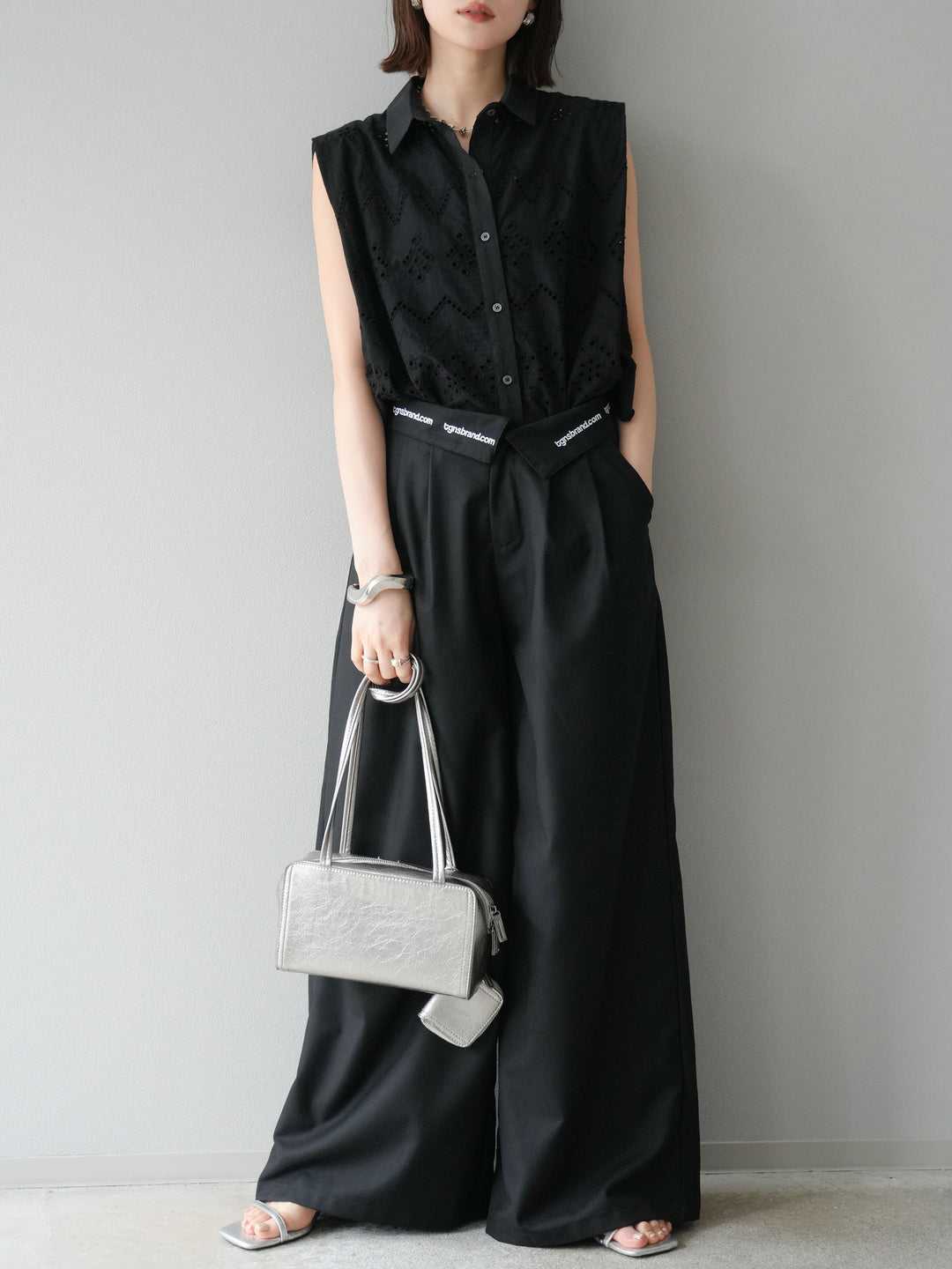 [予約]ウエスト折り返しロゴタックワイドパンツ/ブラック