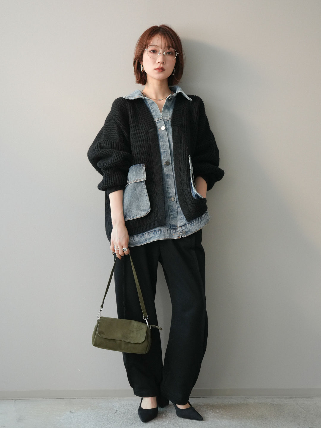 [予約]デニムドッキングオーバーニットジャケット/black