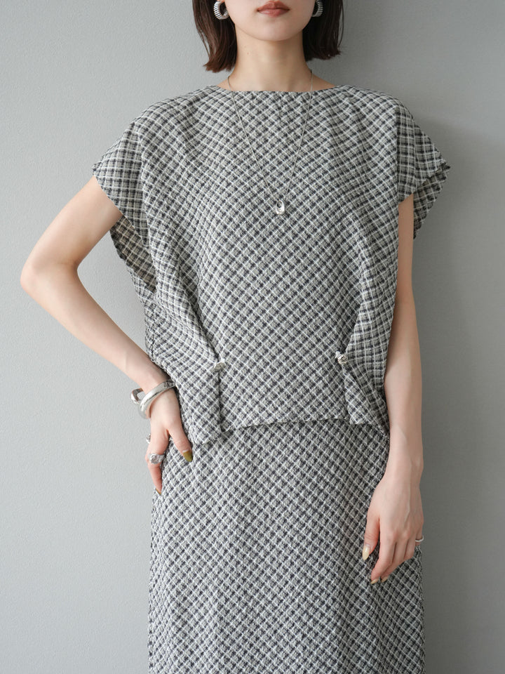 [予約]チェック柄タックデザインフレンチスリーブトップス/ブラック